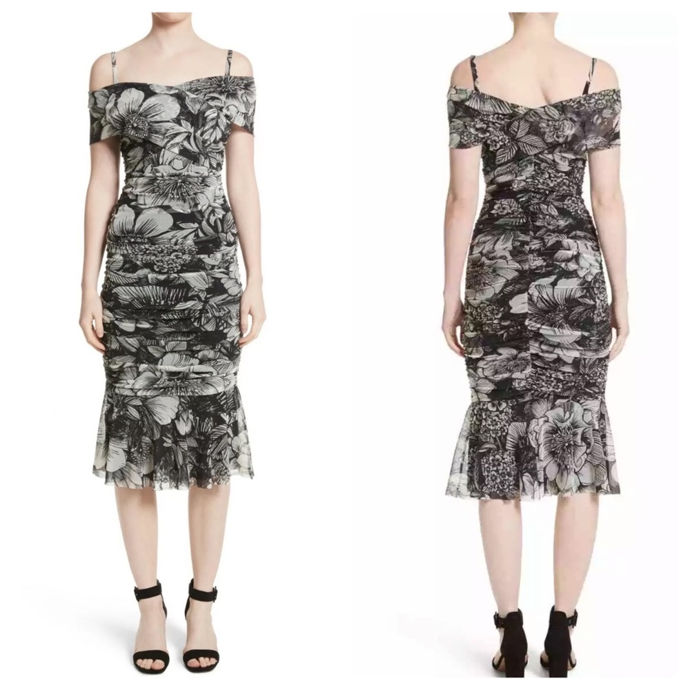 NWT Fuzzi Floral Tulle Ruched Off Shoulder Midi Dress Black M